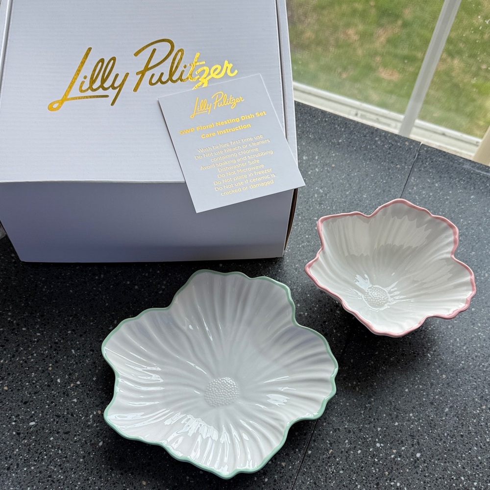 Lilly Pulitzer White Ceramic Flower Bowls with Pink & Green Rims